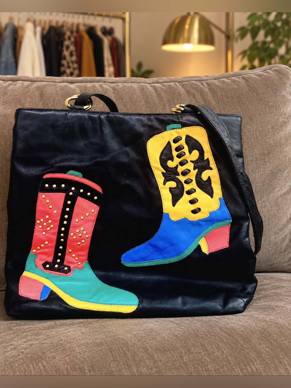 Vintage Avante USA Leather Cowboy Boot Appliqué Tote